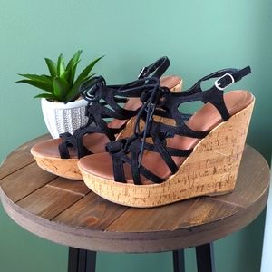 Black Lace-Up Wedge Sandals